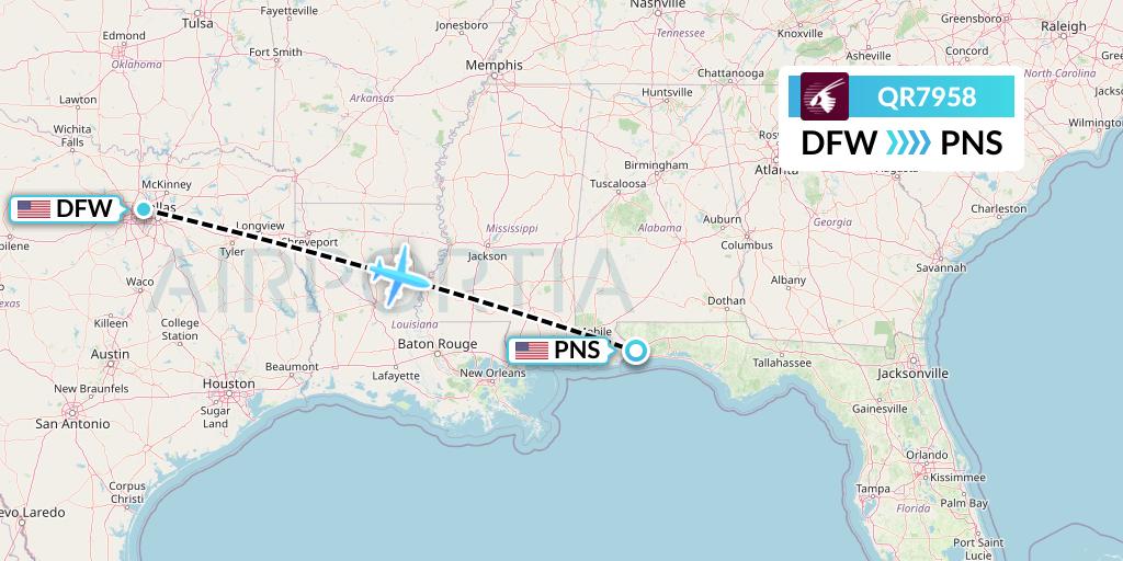 QR7958 Qatar Airways Flight Map: Dallas to Pensacola