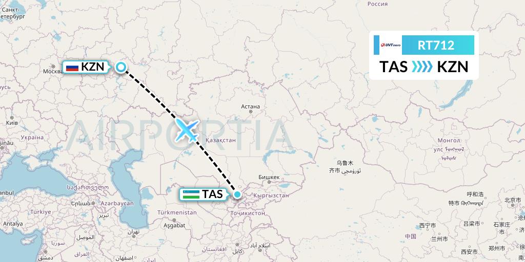 RT712 UVT aero Flight Map: Tashkent to Kazan