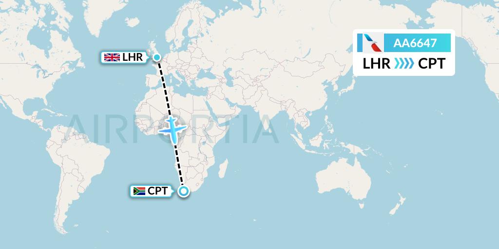 AA6647 American Airlines Flight Map: London to Cape Town