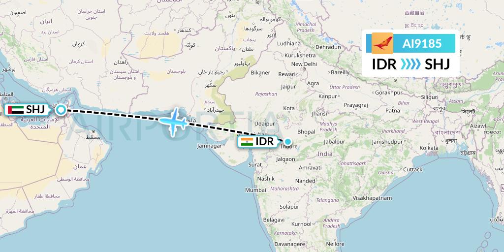 AI9185 Air India Flight Map: Indore to Sharjah