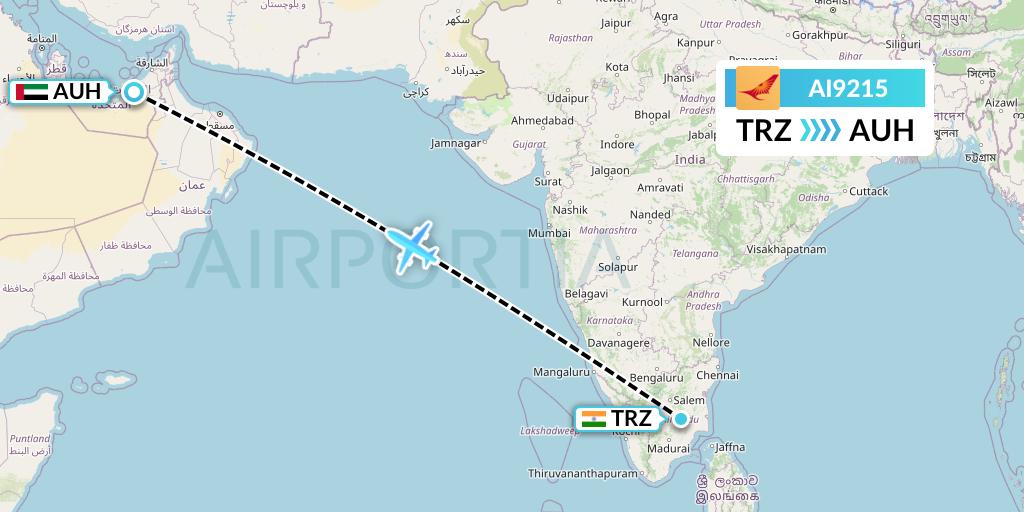 AI9215 Air India Flight Map: Tiruchirapalli to Abu Dhabi