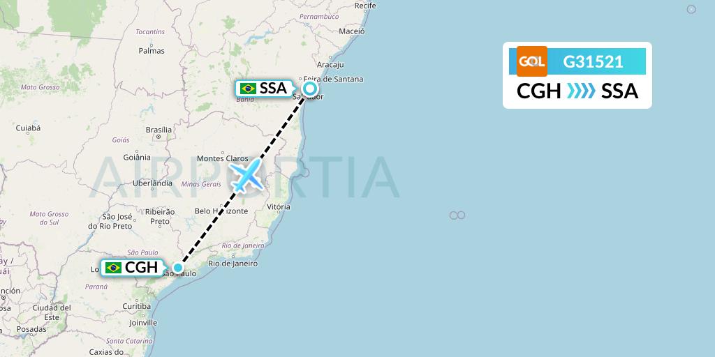 G31521 GOL Transportes Aeros Flight Map: Sao Paulo to Salvador
