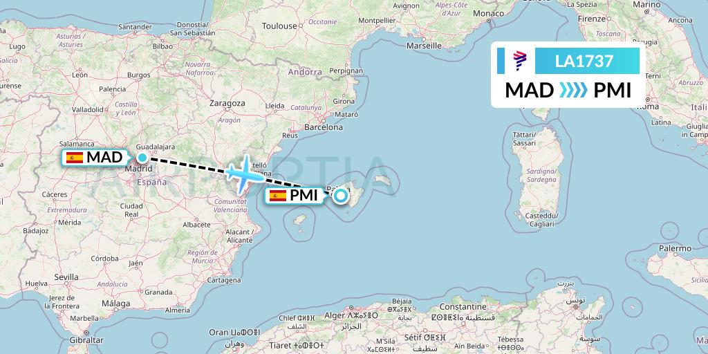 LA1737 LAN Airlines Flight Map: Madrid to Palma de Mallorca