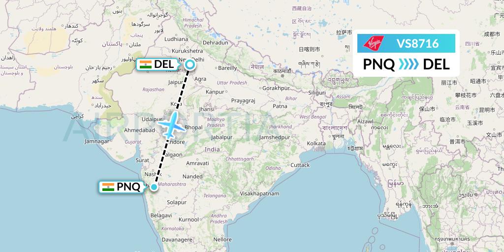 VS8716 Virgin Atlantic Airways Flight Map: Pune to Delhi