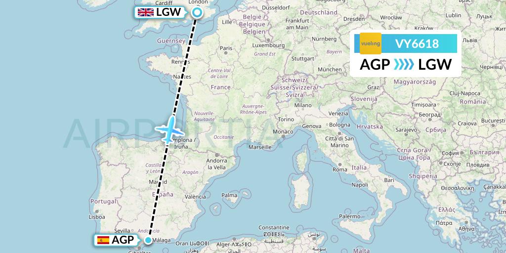 VY6618 Vueling Flight Map: Malaga to London