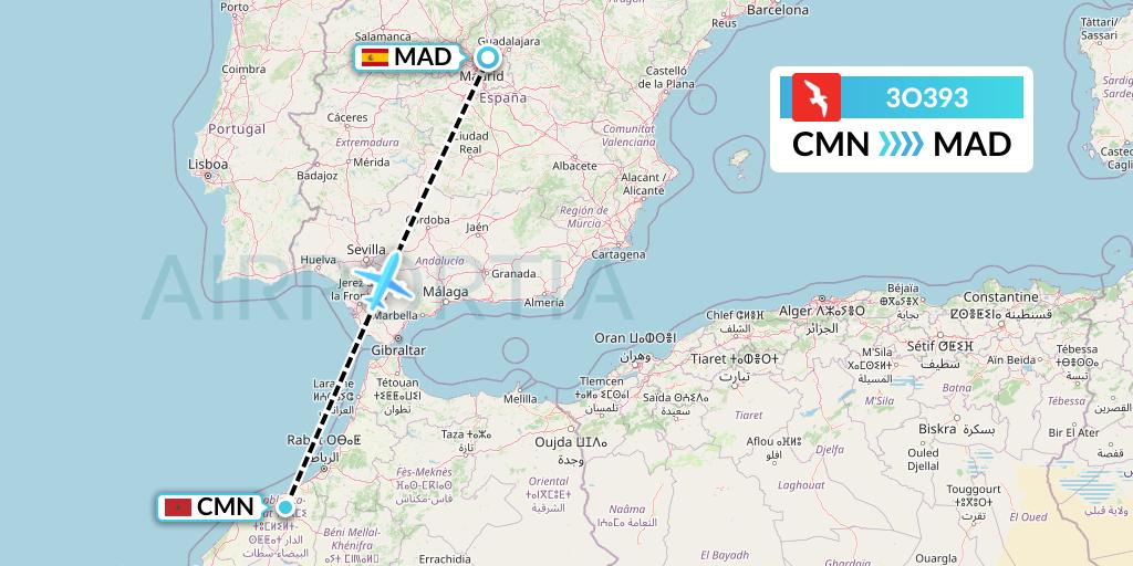 3O393 Air Arabia Maroc Flight Map: Casablanca to Madrid