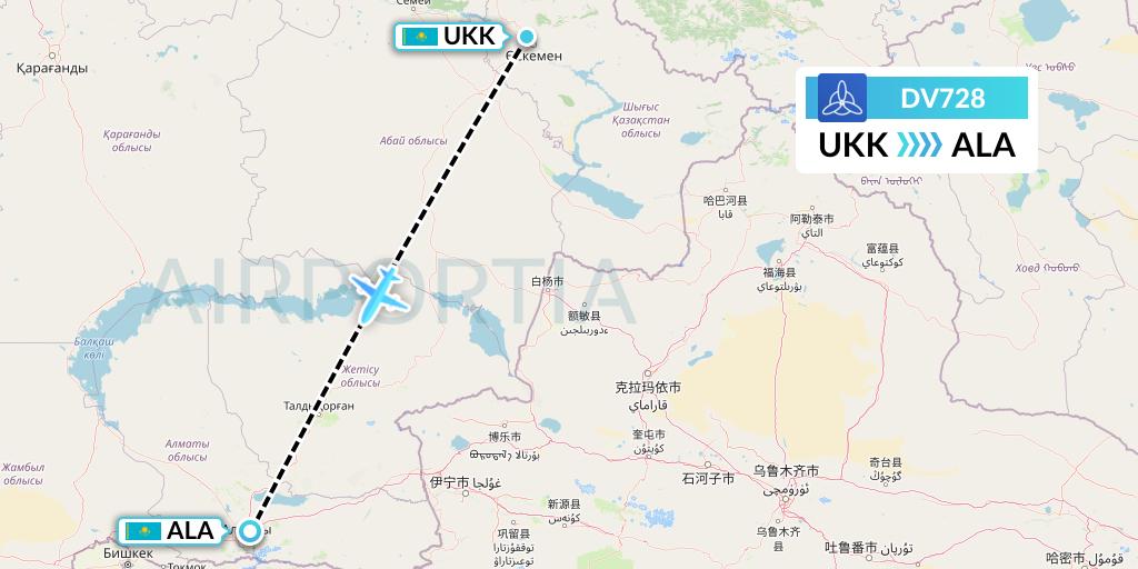 DV728 SCAT Flight Map: Oskemen to Almaty