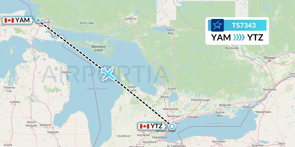 TS7343 Air Transat Flight Map: Sault Ste. Marie to Toronto
