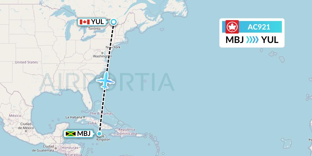 AC921 Air Canada Flight Map: Montego Bay to Montreal