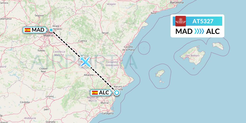 AT5327 Royal Air Maroc Flight Map: Madrid to Alicante