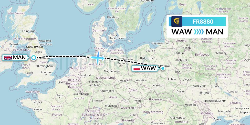 FR8880 Ryanair Flight Map: Warsaw to Manchester