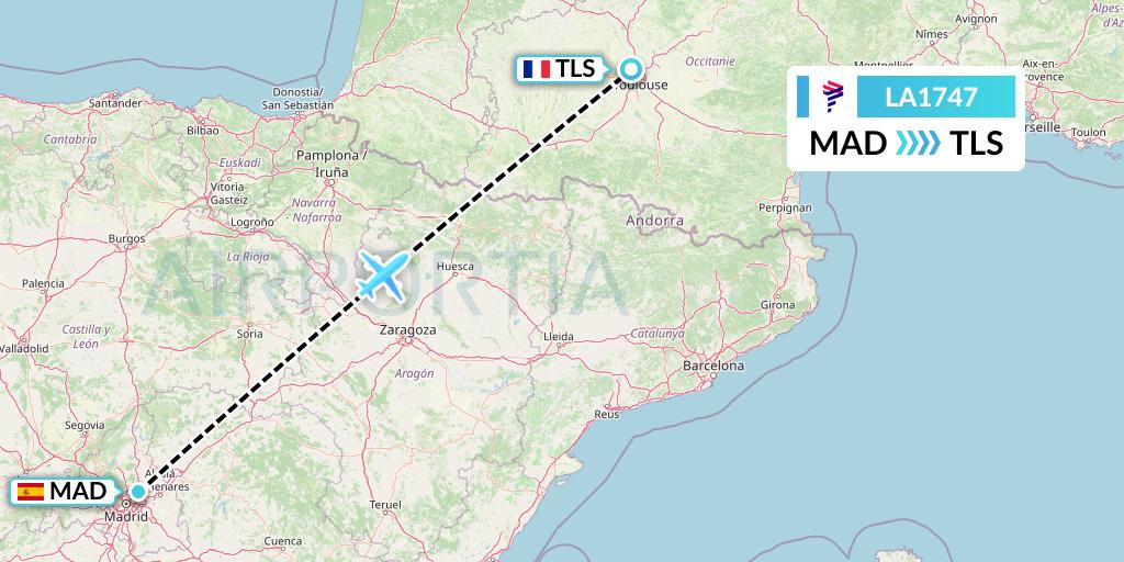 LA1747 LAN Airlines Flight Map: Madrid to Toulouse