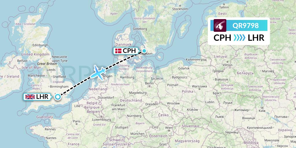 QR9798 Qatar Airways Flight Map: Copenhagen to London