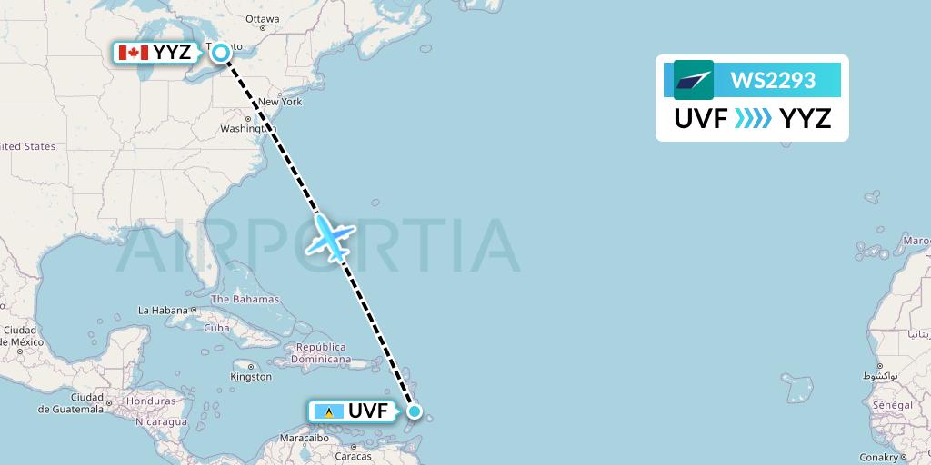 WS2293 WestJet Flight Map: Vieux Fort to Toronto