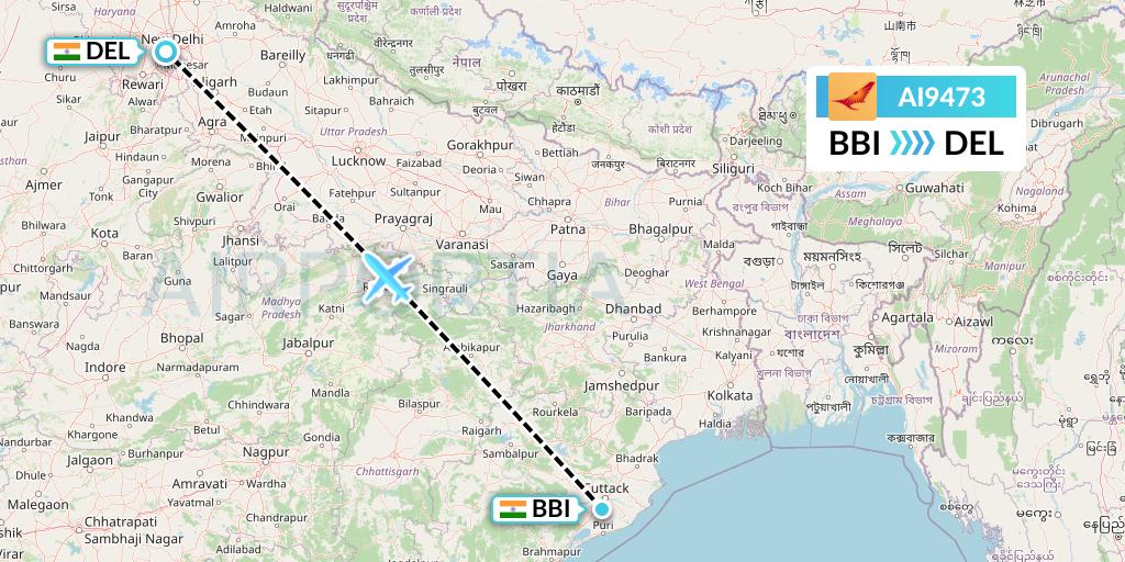 AI9473 Air India Flight Map: Bhubaneswar to Delhi