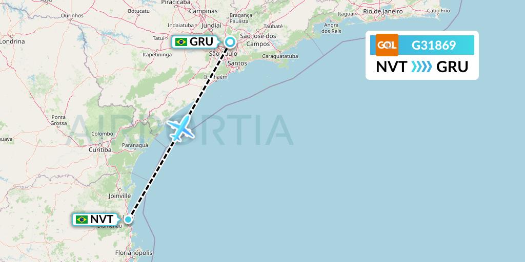 G31869 GOL Transportes Aeros Flight Map: Navegantes to Sao Paulo