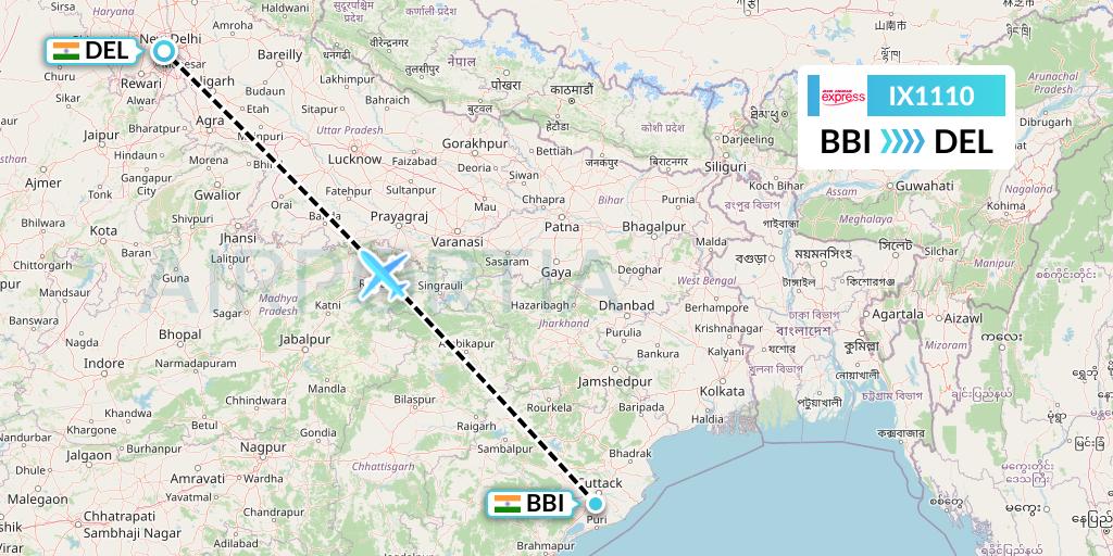 IX1110 Air India Express Flight Map: Bhubaneswar to Delhi