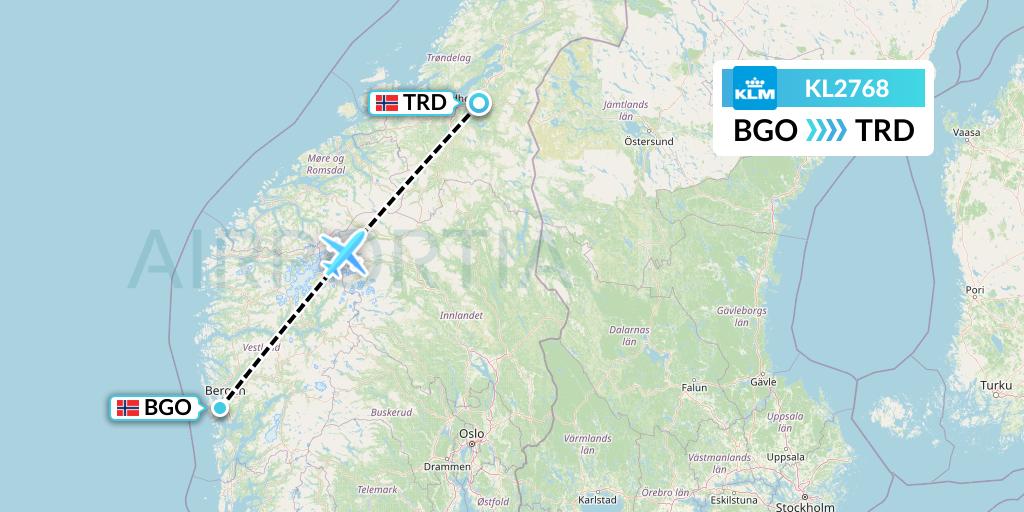 KL2768 KLM Flight Map: Bergen to Trondheim