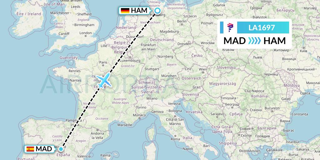 LA1697 LAN Airlines Flight Map: Madrid to Hamburg