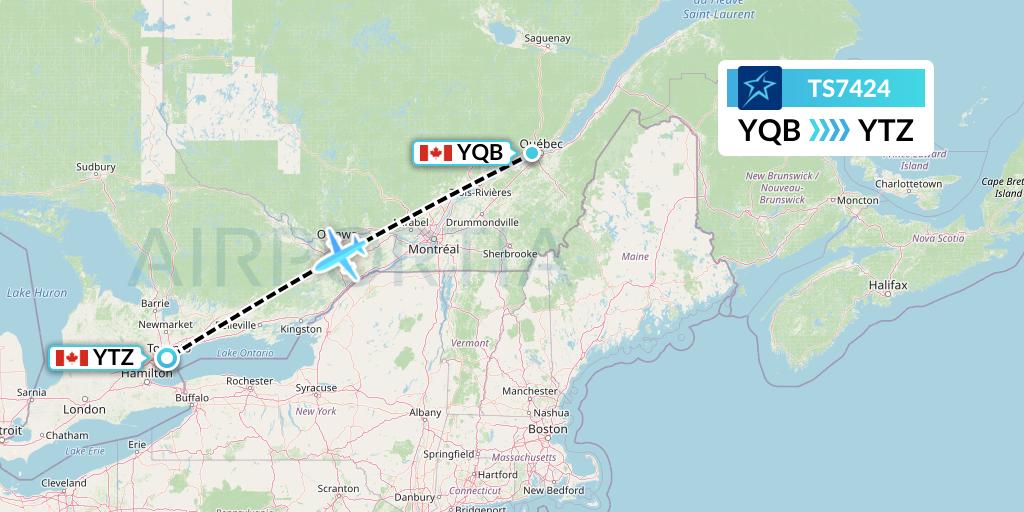 TS7424 Air Transat Flight Map: Quebec to Toronto