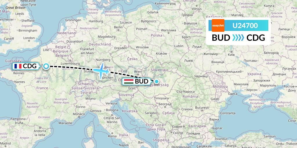 U24700 EasyJet Flight Map: Budapest to Paris