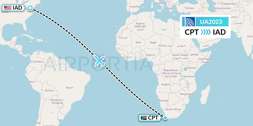UA2023 United Airlines Flight Map: Cape Town to Washington