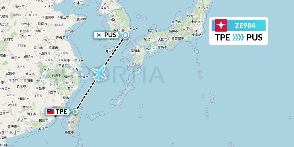 ZE984 Eastar Jet Flight Map: Taipei to Busan