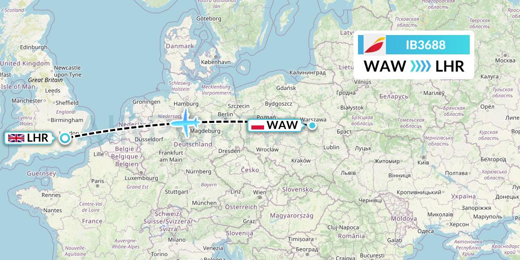 IB3688 Iberia Flight Map: Warsaw to London
