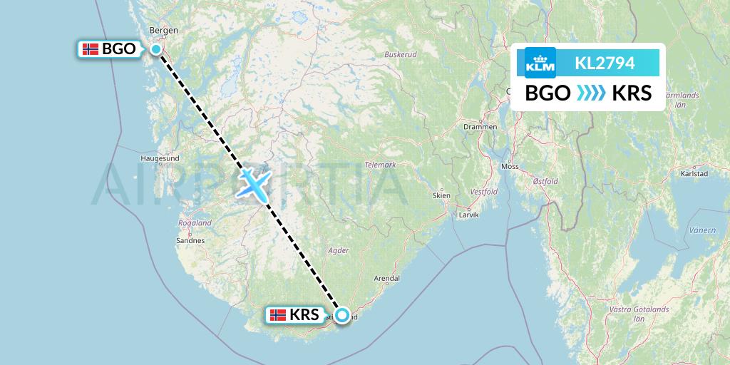 KL2794 KLM Flight Map: Bergen to Kristiansand