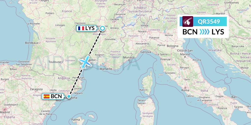 QR3549 Qatar Airways Flight Map: Barcelona to Lyon