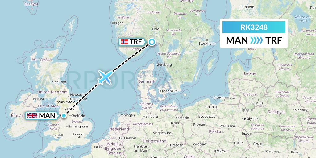 RK3248 Ryanair UK Flight Map: Manchester to Oslo
