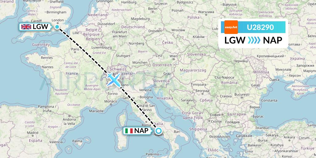 U28290 EasyJet Flight Map: London to Naples