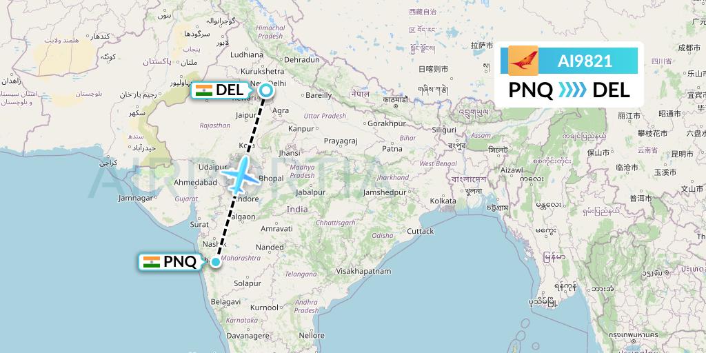 AI9821 Air India Flight Map: Pune to Delhi