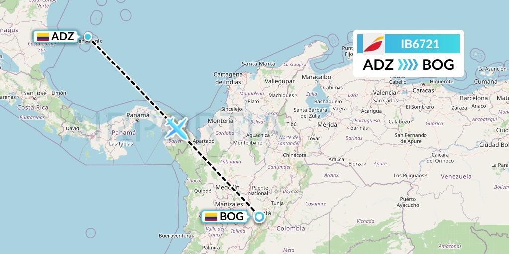 IB6721 Iberia Flight Map: San Andres Island to Bogota