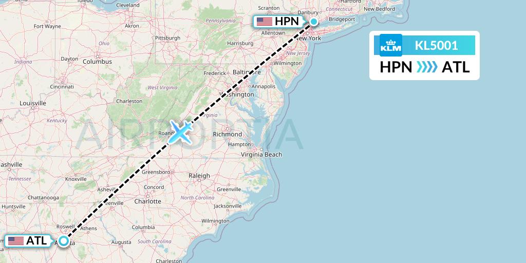 KL5001 KLM Flight Map: White Plains to Atlanta
