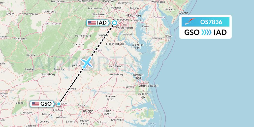 OS7836 Austrian Airlines Flight Map: Greensboro to Washington