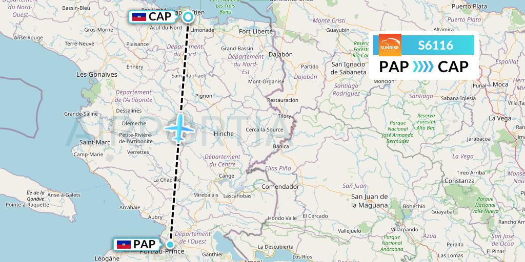 S6116 Sunrise Airways Flight Map: Port-au-Prince to Cap-Haitien