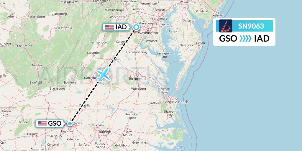 SN9063 Brussels Airlines Flight Map: Greensboro to Washington