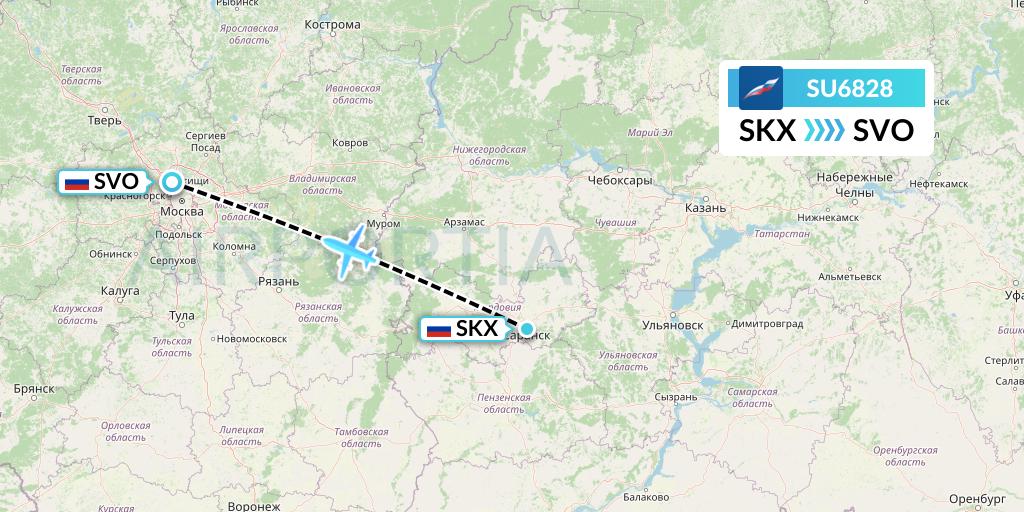 SU6828 Aeroflot Flight Map: Saransk to Moscow