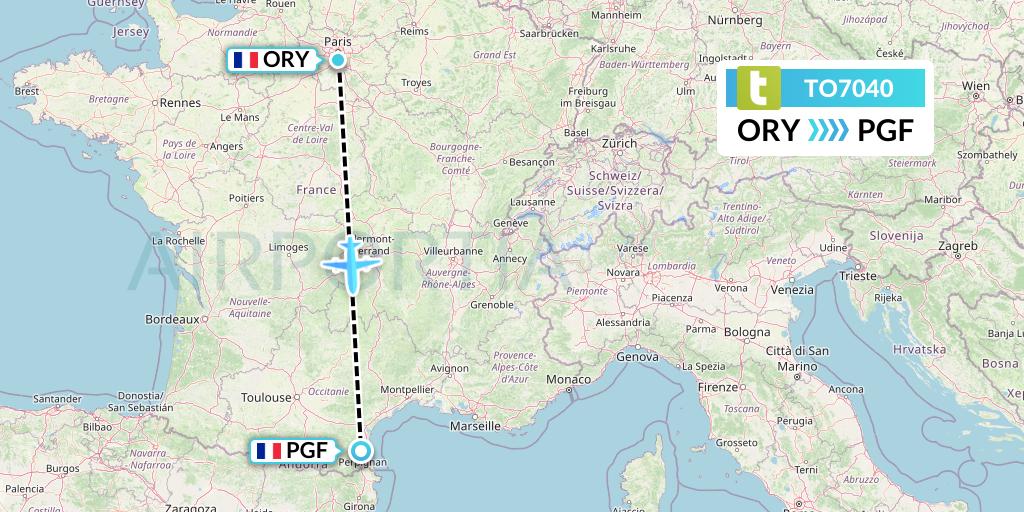 TO7040 Transavia France Flight Map: Paris to Perpignan