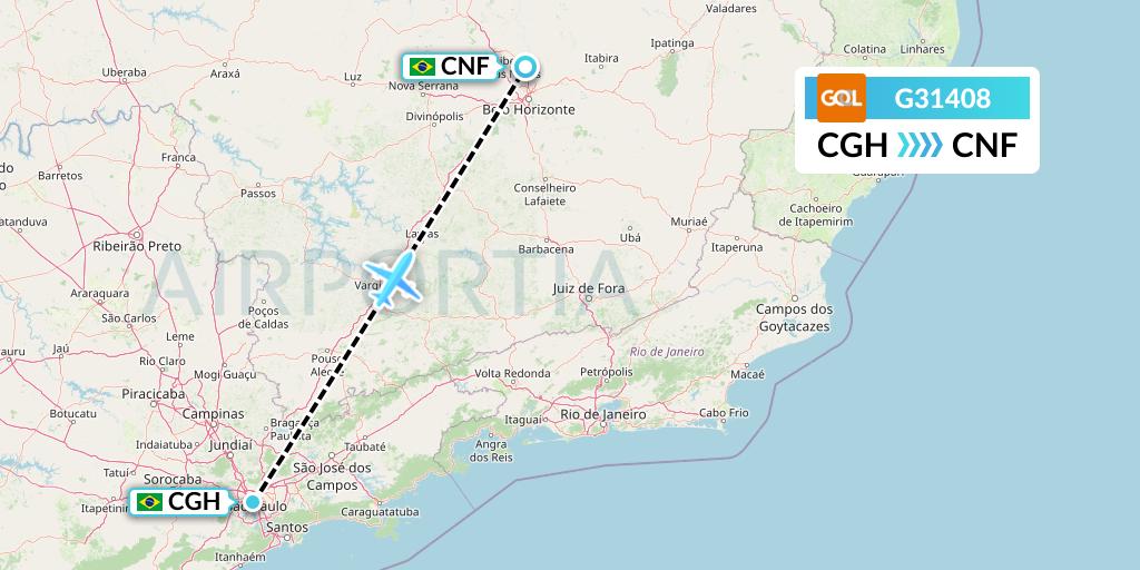 G31408 GOL Transportes Aeros Flight Map: Sao Paulo to Belo Horizonte