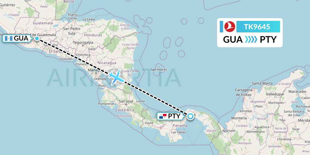 TK9645 Turkish Airlines Flight Map: Guatemala City to Panama City