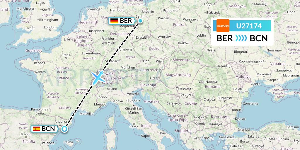 U27174 EasyJet Flight Map: Berlin to Barcelona