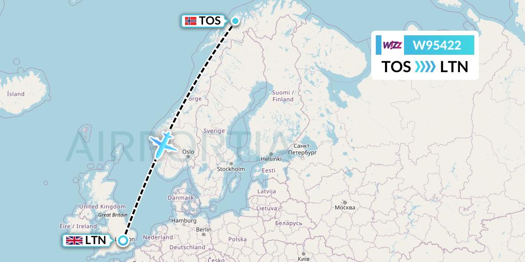 W95422 Wizz Air UK Flight Map: Tromso to London