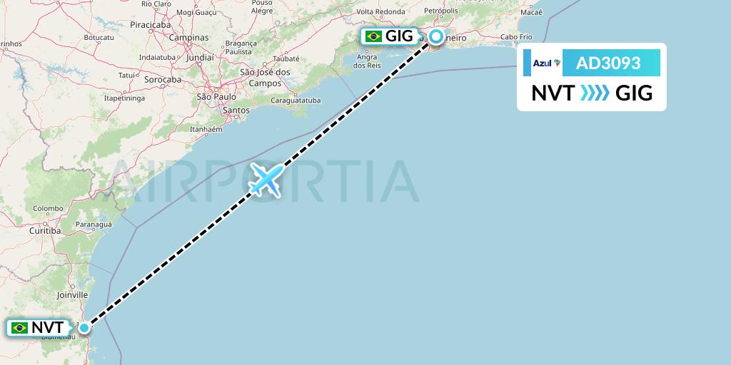 AD3093 Azul Brazilian Airlines Flight Map: Navegantes to Rio de Janeiro