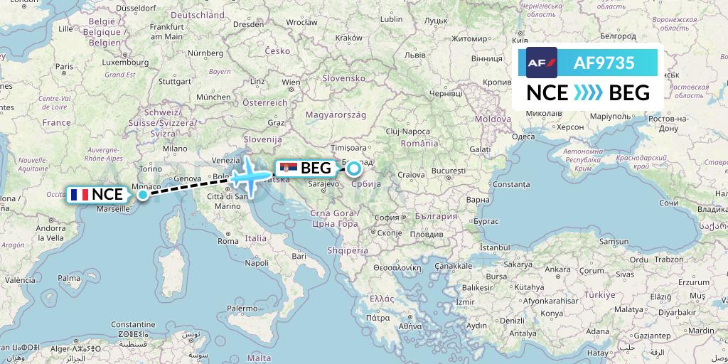 AF9735 Air France Flight Map: Nice to Belgrade