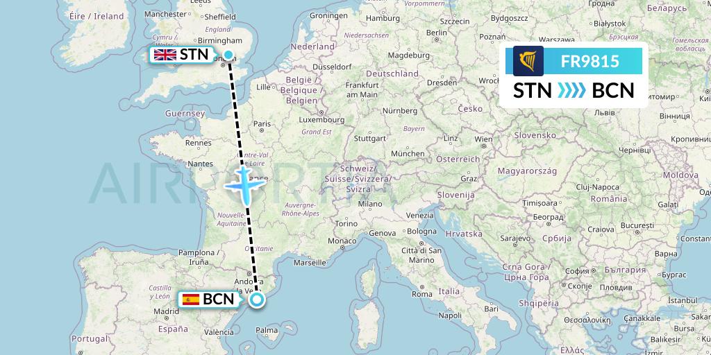 FR9815 Ryanair Flight Map: London to Barcelona