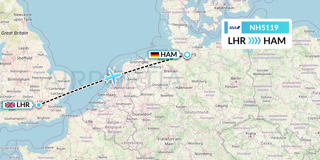 NH5119 All Nippon Airways Flight Map: London to Hamburg
