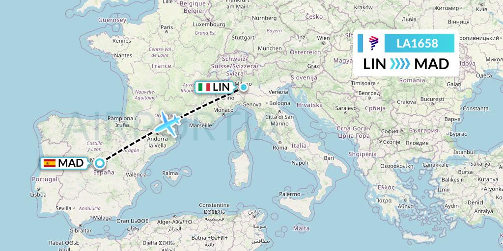 LA1658 LAN Airlines Flight Map: Milan to Madrid