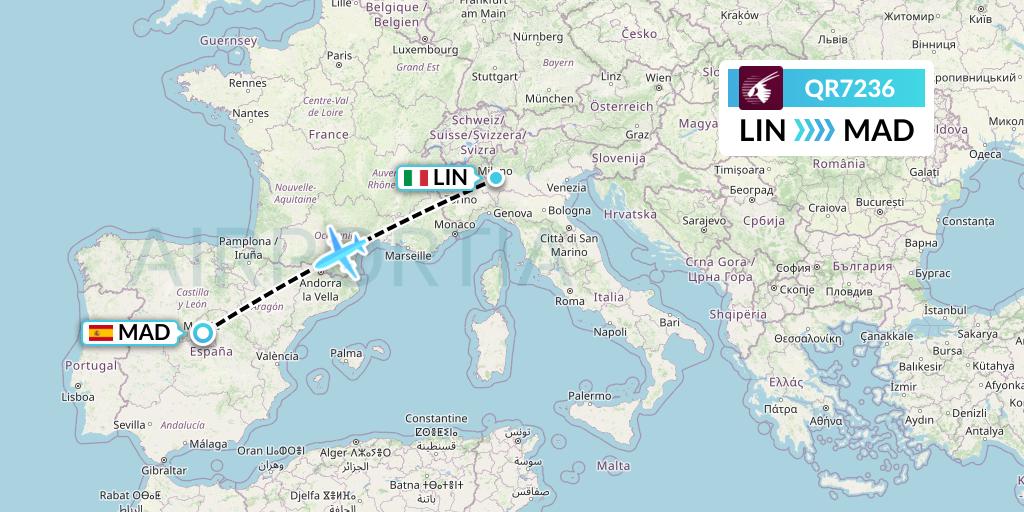 QR7236 Qatar Airways Flight Map: Milan to Madrid